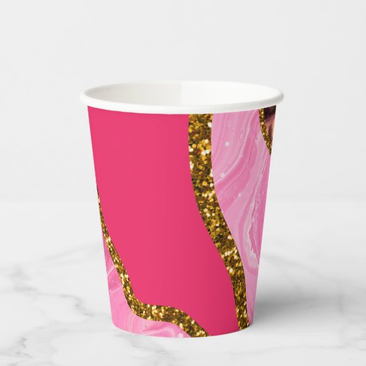 Pink & Gold Agate Geode Glitzer Pappbecher (Links)