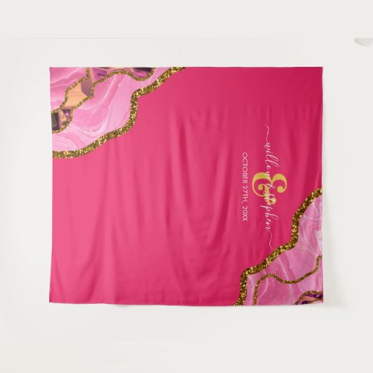 Pink & Gold Agate Geode Wedding Wandteppich (Vorderseite (Horizontal))