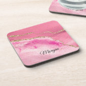 Pink & Gold Agate & Gold Stars, DIY Name Black Getränkeuntersetzer (Linke Seite)