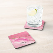 Pink & Gold Agate & Gold Stars, DIY Name Black Getränkeuntersetzer (Rechte Seite)