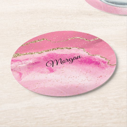Pink & Gold Agate & Gold Stars, DIY Name Black Runder Pappuntersetzer (Angewinkelt)