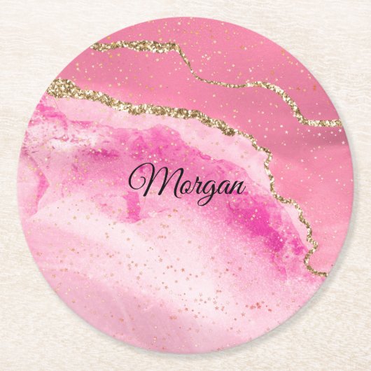 Pink & Gold Agate & Gold Stars, DIY Name Black Runder Pappuntersetzer (Vorderseite)