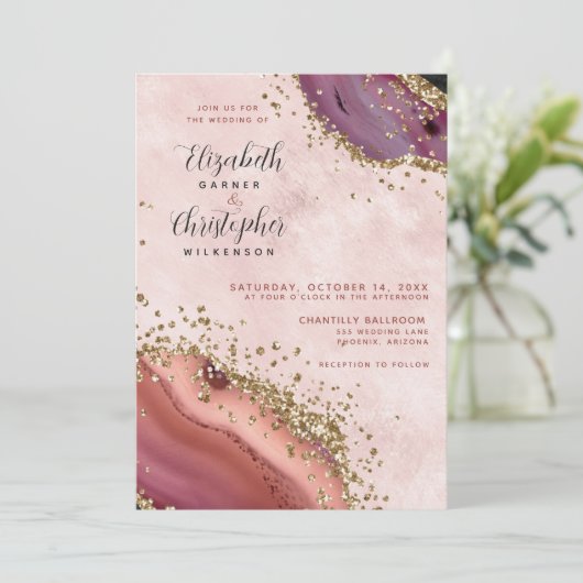 Pink Gold Agate Wedding Einladung (Stehend Vorderseite)