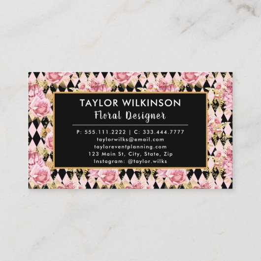 Pink, Gold and Black Floral Roses with Diamonds Bu Visitenkarte (Rückseite)