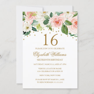 Pink Gold Aquarell Floral 16. Geburtstag Einladung