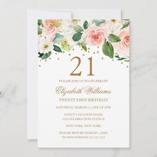 Pink Gold Aquarell Floral 21. Geburtstag Einladung (Vorderseite)