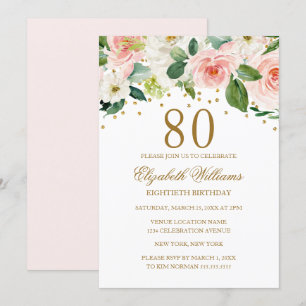 Pink Gold Aquarell Floral 80. Geburtstag Einladung