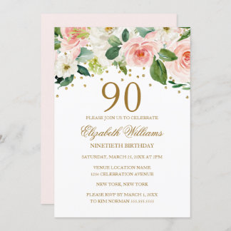 Pink Gold Aquarell Floral 90. Geburtstag Einladung