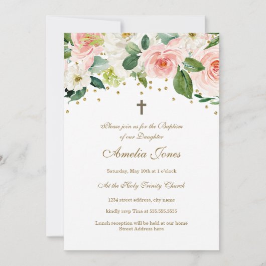 Pink Gold Aquarelltaufe Einladung (Vorderseite)