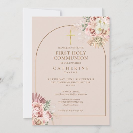 Pink Gold Arch Pampas Grass Erste Heilige Kommune Einladung (Vorderseite)