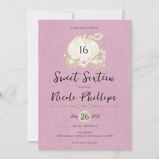 Pink Gold Aschenputtel Süß 16 Party Einladung (Vorderseite)