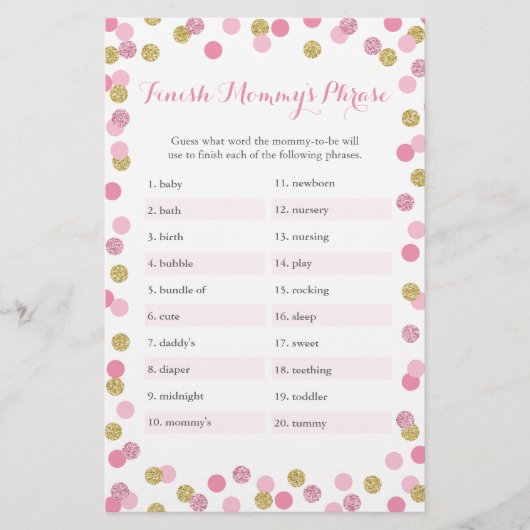 Pink & Gold Baby Dusche beenden Mommy's Phrase Gam (Vorderseite)