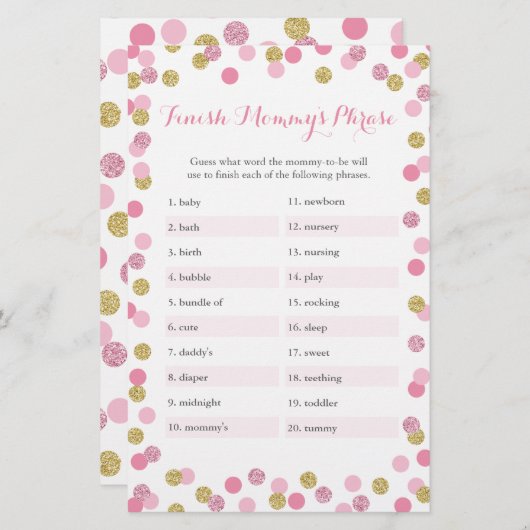 Pink & Gold Baby Dusche beenden Mommy's Phrase Gam (Vorne/Hinten)