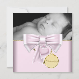 Pink Gold Baby Girl Foto Christening Einladung
