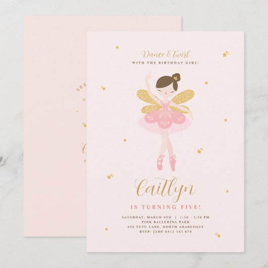 Pink & Gold Ballerina Fairy Einladung zum Geburtst (Vorne/Hinten)