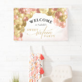 Pink & Gold Ballon Arch Sweet 16 Party Willkommen Banner (Insitu)