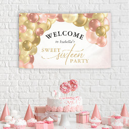 Pink & Gold Ballon Arch Sweet 16 Party Willkommen Banner