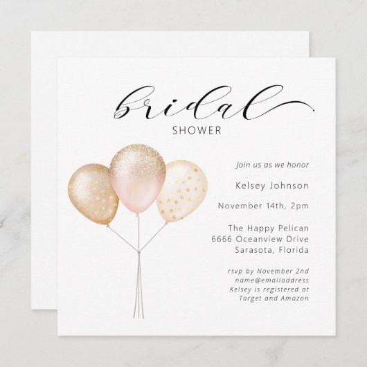 Pink-Gold-Ballon-Kalligrafie-Brautparty Einladung (Vorne/Hinten)