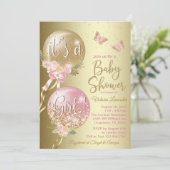 Pink Gold Balloons Butterfly Baby Dusche Einladung (Stehend Vorderseite)
