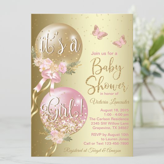 Pink Gold Balloons Butterfly Baby Dusche Einladung