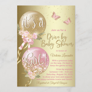 Pink Gold Balloons Butterfly Covid Baby Dusche Einladung