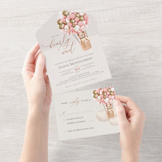 Pink Gold Bear Balloons Baby Shower Girl All In One Einladung (Abreißen)