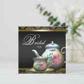 Pink Gold Black Damask Bridal Teedusche Einladung (Stehend Vorderseite)