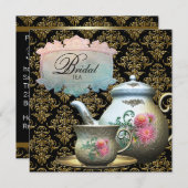 Pink Gold Black Damask Tea Cup Brautparty Einladung (Vorne/Hinten)