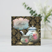 Pink Gold Black Damask Tea Cup Brautparty Einladung (Stehend Vorderseite)
