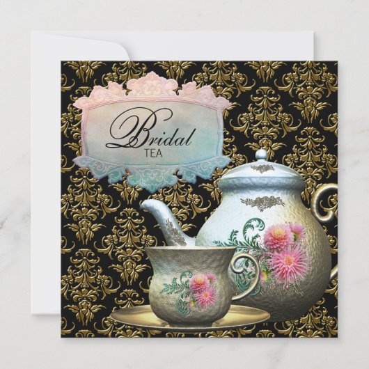 Pink Gold Black Damask Tea Cup Brautparty Einladung (Vorderseite)