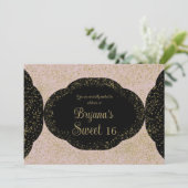 Pink Gold Black Starry Glitzer Sweet 16 Birthday Einladung (Stehend Vorderseite)
