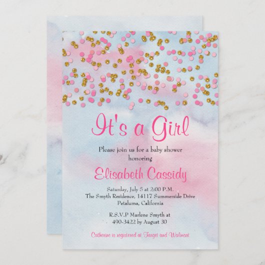 Pink Gold & Blue Glitzer Sprinkle Baby Dusche Einladung (Vorne/Hinten)