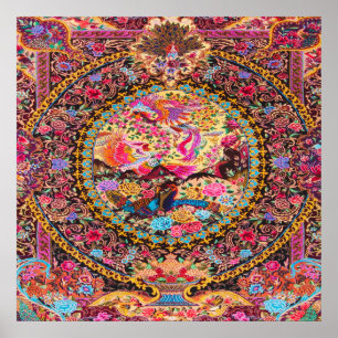 Pink Gold Blue Persian Floral Blumen Peacock Poster