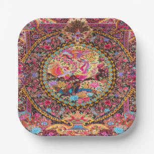 Pink Gold Blue Persian Floral Blumen Pfau Kunst Pappteller