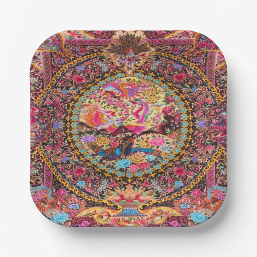 Pink Gold Blue Persian Floral Blumen Pfau Kunst Pappteller (Vorderseite)