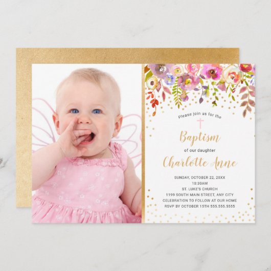 Pink Gold Blumenmädchen Foto Taufe Einladung (Vorne/Hinten)