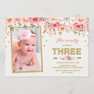 Pink Gold Bohemisch Floral 3. Geburtstag Einladung