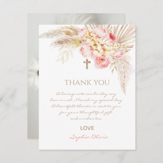 Pink Gold Boho Girl Christening Danke Karte (Vorne/Hinten)