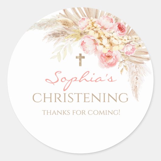 Pink Gold Boho Girl Christening Stickers (Vorderseite)