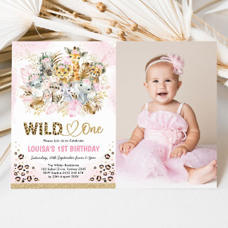 Pink Gold Boho Safari Wild Ein Foto Geburtstagskin Einladung