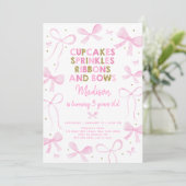 Pink Gold Bow Birthday Einladung (Stehend Vorderseite)
