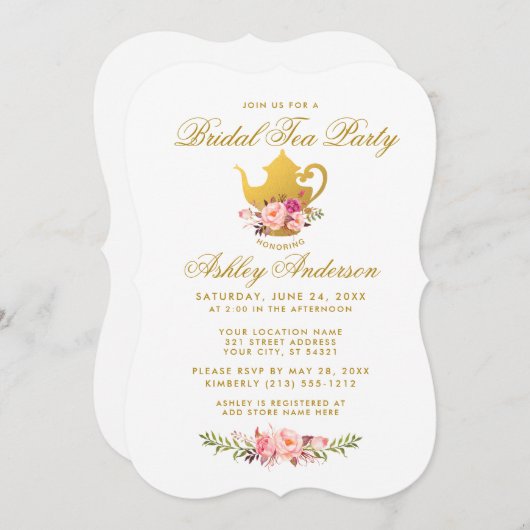 Pink Gold Brautparty Tee Party Einladung B (Vorne/Hinten)