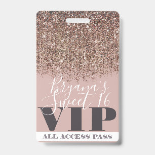 Pink Gold Bronze Glitter Glam Sweet 16 VIP-Pass Ausweis