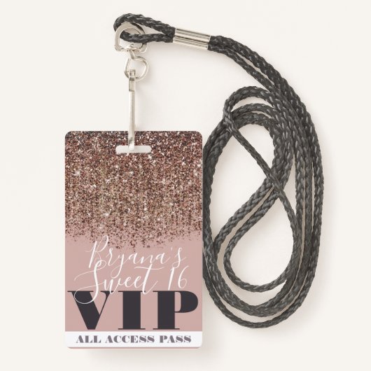 Pink Gold Bronze Glitzer Glam Sweet 16 VIP Pass Ausweis (Vorderseite mit Schlüsselband)