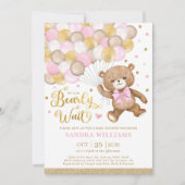 Pink Gold Brown Teddy Bear Girl Baby Dusche Einladung (Vorderseite)
