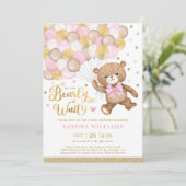 Pink Gold Brown Teddy Bear Girl Baby Dusche Einladung (Stehend Vorderseite)