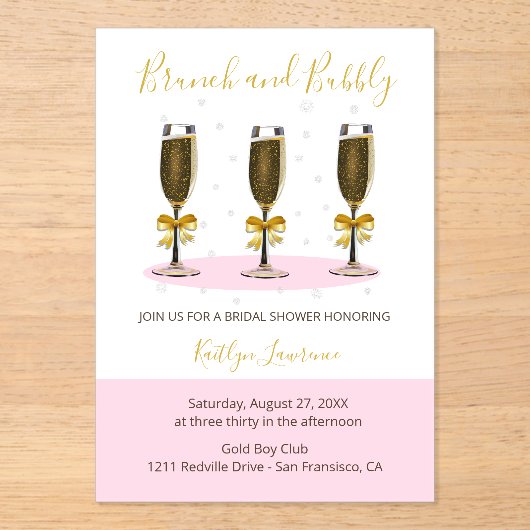 Pink Gold Brunch and Bubbly Bridal Shower Acryleinladungen (Vorderseite)
