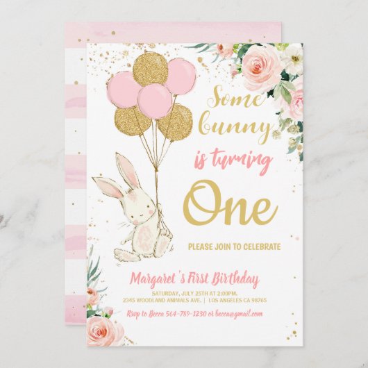 Pink Gold Bunny Birthday Einladung (Vorne/Hinten)
