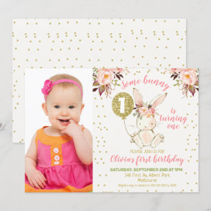 Pink Gold Bunny Foto 1. Geburtstag Einladung