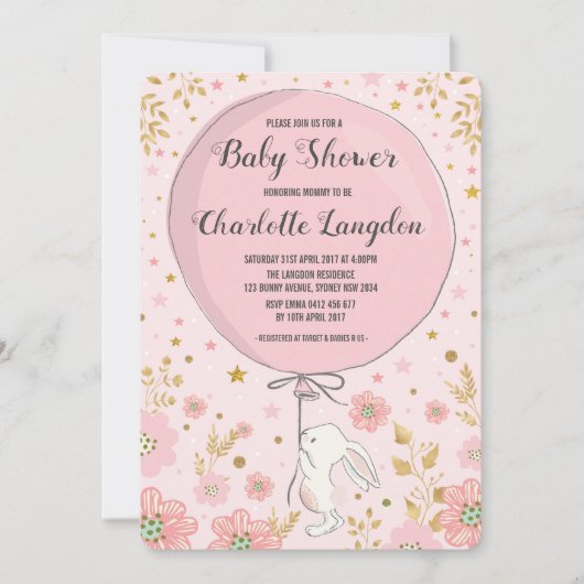 Pink Gold Bunny Rabbit Kinderdusche Party Einladung (Vorderseite)